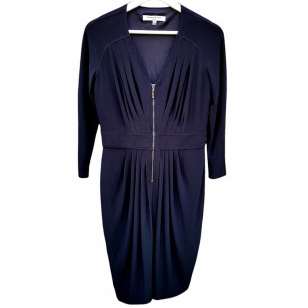 Vintage Evan‎ Picone, Black Long Sleeve Gather Zip Front Body Contour Dress